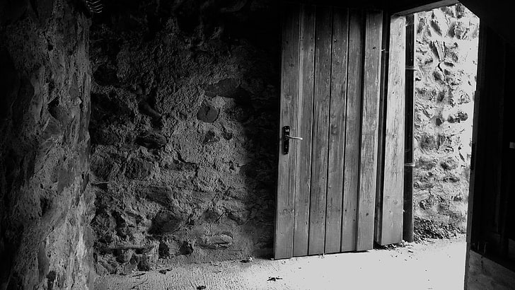 puerta de madera gris, castillo, puerta, edificio antiguo, monocromo, Fondo de pantalla HD