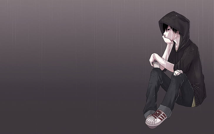 sadness, rain, anime, guy, boredom, art, HD wallpaper