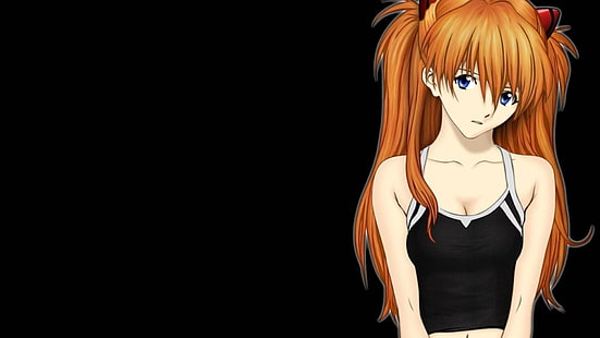 brown-haired girl in black crop-top anime character illustration, Neon Genesis Evangelion, Asuka Langley Soryu, anime, twintails, black background, simple background, anime girls, blonde, blue eyes, HD wallpaper HD wallpaper