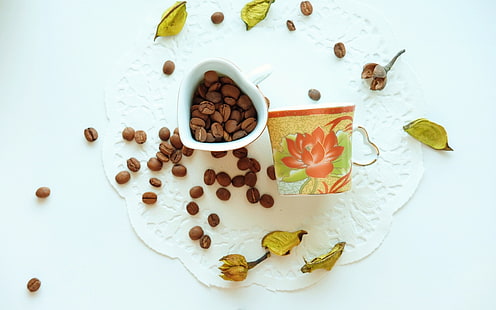caffeine, coffee, mug, coffee beans, cup, art, coffee bean filled white heart ceramic mug, caffeine, coffee, mug, coffee beans, cup, art, HD wallpaper HD wallpaper