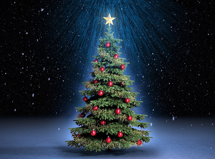 خلفية شجرة عيد الميلاد الكلاسيكية HD ، شجرة عيد الميلاد الخضراء والحمراء ، والعطلات ، وعيد الميلاد ، والليل ، والشجرة ، والكلاسيكية، خلفية HD
