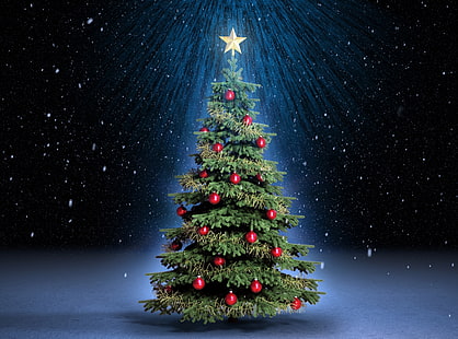 خلفية شجرة عيد الميلاد الكلاسيكية HD ، شجرة عيد الميلاد الخضراء والحمراء ، والعطلات ، وعيد الميلاد ، والليل ، والشجرة ، والكلاسيكية، خلفية HD HD wallpaper