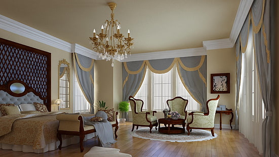 trois fauteuils canapés blancs, design, style, chambre, meubles, fenêtres, lit, intérieur, miroir, chaises, chambre à coucher, Fond d'écran HD HD wallpaper