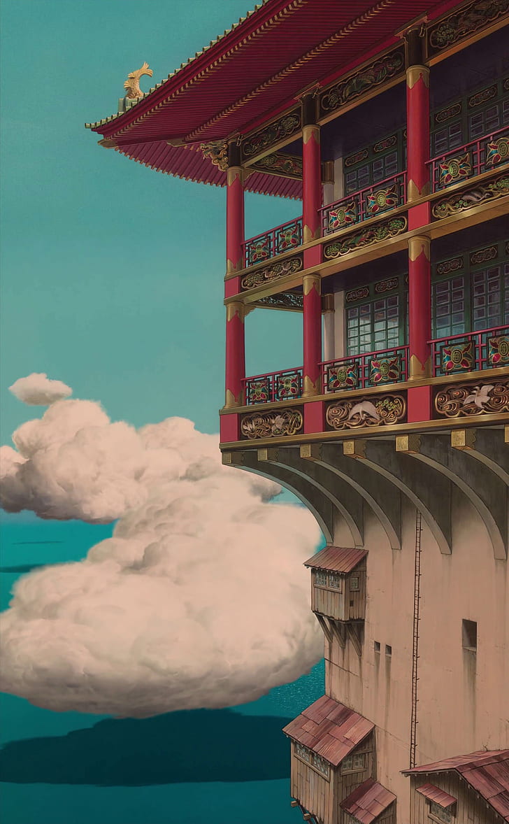 Studio Ghibli, krajobraz, budynek, morze, Tapety HD, tapety na telefon