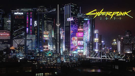 Киберпанк 2077, киберпанк, искусство видеоигры, город, ночь, огни города, неоновое свечение, мост, HD обои HD wallpaper