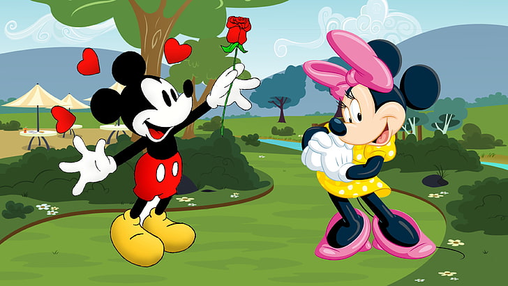 ミッキーとミニーのマウス漫画ミニー愛のカップルのための赤いバラ壁紙Hd 3840×21600、 HDデスクトップの壁紙