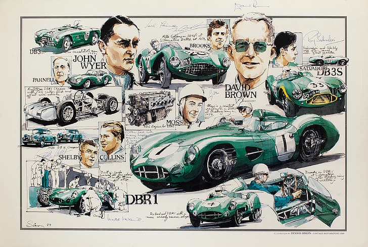 artwork, Aston Martin DBR1, Aston Martin DB2, Aston Martin DB3, Aston Martin DB3S, Carroll Shelby, Roy Salvadori, Stirling Moss, Peter Collins, HD wallpaper