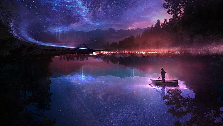 osoba na łodzi ilustracja, sztuka cyfrowa, łódź, góry, gwiazdy, las, jezioro, mgła, galaktyka, Martina Stipan, Tapety HD