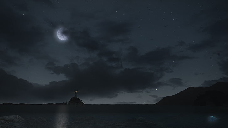 планински силует, Final Fantasy XIV: A Realm Reborn, море, нощ, фар, облаци, видео игри, залив, звезди, Луна, лунна светлина, цифрово изкуство, небе, HD тапет