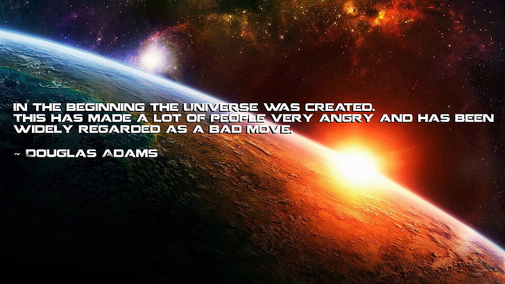 in the beginning the universe was created text, quote, humor, The Hitchhiker's Guide to the Galaxy, HD wallpaper