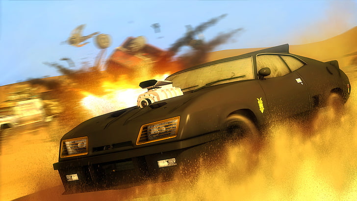 schwarzes Muscle-Car, Wüste, Verfolgung, Auto, Mad Max, Ford Falcon, V8 Interceptor, HD-Hintergrundbild