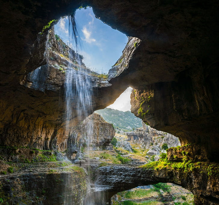 cave, waterfall, erosion, nature, gorge, landscape, Lebanon, HD wallpaper