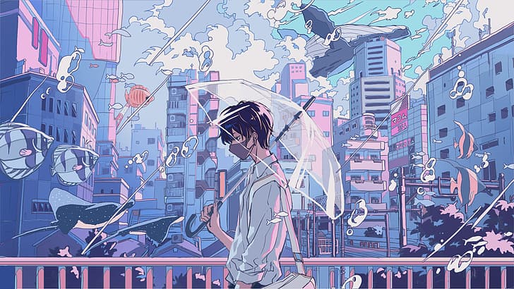 anime boys, original characters, umbrella, anime city, fish, HD wallpaper