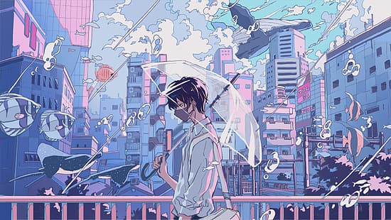 anime pojkar, originalkaraktärer, paraply, anime stad, fisk, HD tapet HD wallpaper