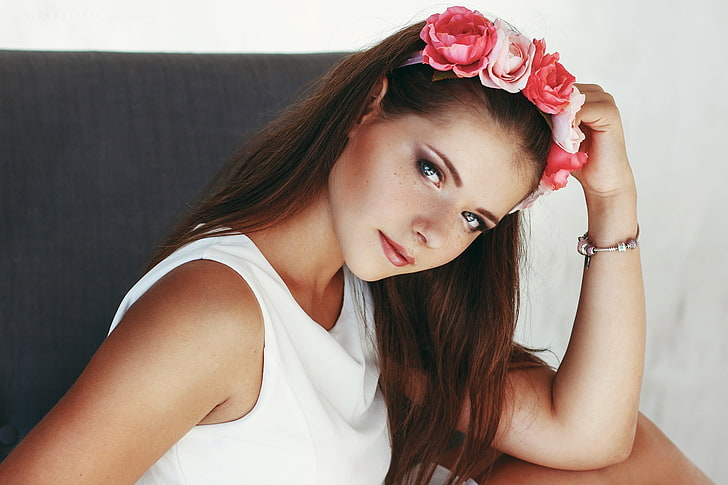 women, model, brunette, hazel eyes, freckles, white tops, Anastasia Lis, HD wallpaper