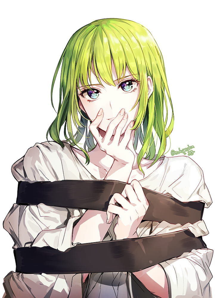 Fate Series, FGO, Fate/Grand Order, anime boys, long hair, 2D, smiling, hand on face, Enkidu (FGO), green eyes, green hair, simple background, looking at viewer, vertical, fan art, HD wallpaper