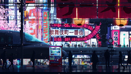 cyberpunk, métropole, rue, art numérique, ville, nuit, centre commercial, néon, Fond d'écran HD HD wallpaper