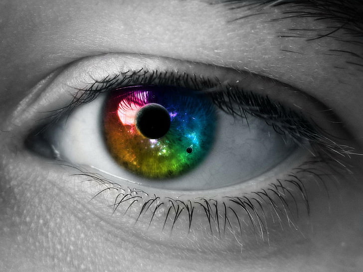 selective color human eye wallpaper, color, Eyes, Space, The pupil, HD wallpaper