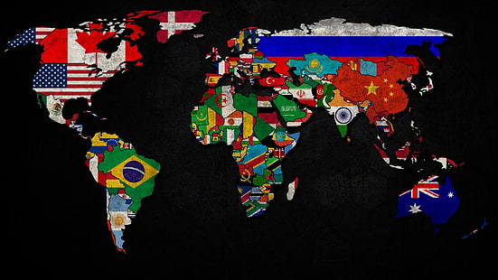 Mapa mundial con el logotipo de la bandera, mundo, mapa, bandera, logotipo, Fondo de pantalla HD HD wallpaper