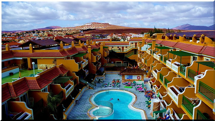 Pool In A Desert Resort, холмы, гостиница, курорт, пустыня, бассейн, природа и пейзажи, HD обои