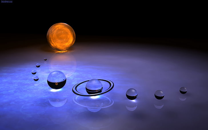solar system wallpaper, space, digital art, artwork, abstract, balls, CGI, space art, planet, planetary rings, reflection, 3D, render, colorful, Sun, HD wallpaper