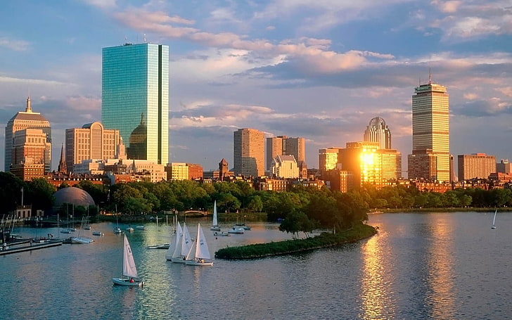 weißes Segelboot, USA, Boston, Boote, Wolkenkratzer, Sonnenlicht, HD-Hintergrundbild