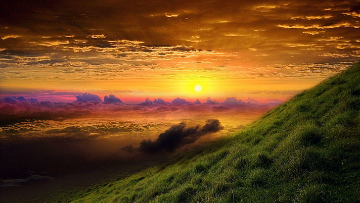 Colorful Sunrise Above The Clouds, grass, sunrise, mountains, clouds, 3d  and abstract, HD wallpaper | Wallpaperbetter