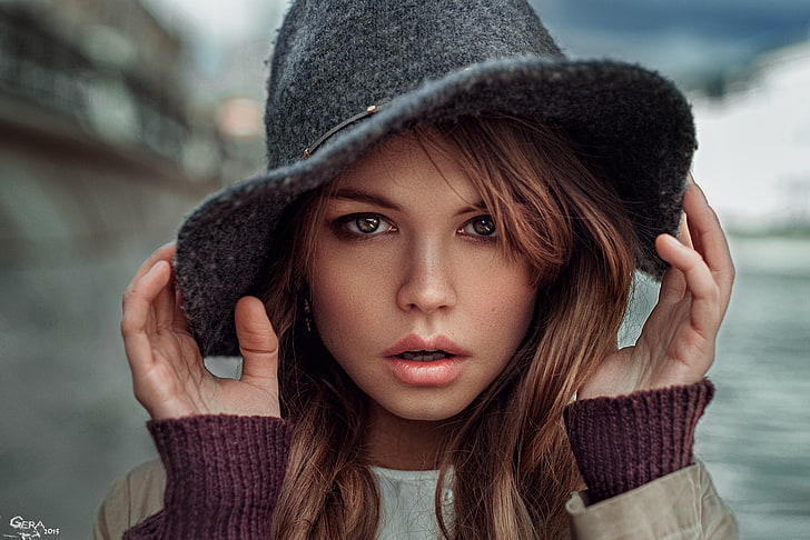 svart hatt, kvinnor, modell, rödbrunt hår, hasselögon, porträtt, Georgy Chernyadyev, ansikte, hatt, Anastasia Scheglova, millinery, HD tapet
