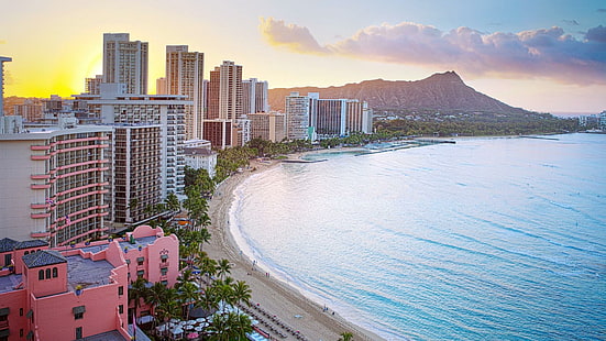 oahu, cielo, città, hawaii, stati uniti, waikiki, skyline, spiaggia di waikiki, honolulu, costa, grattacielo, spiaggia, oceano, riva, Sfondo HD HD wallpaper