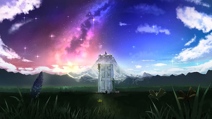 Suzume no Tojimari, anime, paysage, champ, porte, nature, montagnes, ciel, nuages, étoiles, Fond d'écran HD