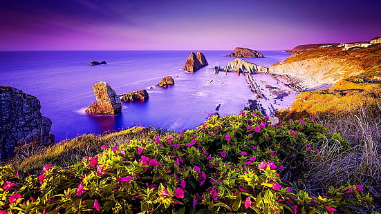cantabria, costa quebrada, coast, spain, europe, sky, purple sky, HD wallpaper HD wallpaper