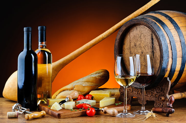 brown wooden barrel and two glass bottles, wine, red, white, cheese, glasses, bread, bottle, tomatoes, baguette, barrel, baton, HD wallpaper