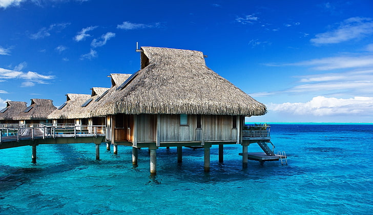 cabañas de madera de color beige, paisaje, naturaleza, fotografía, resort, bungalow, mar, mañana, luz solar, tropical, playa, Bora Bora, Polinesia francesa, Fondo de pantalla HD