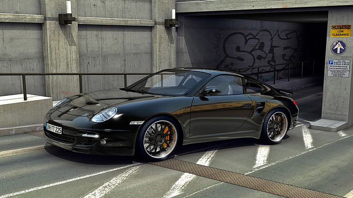 black coupe, car, Porsche, rims, vehicle, HD wallpaper