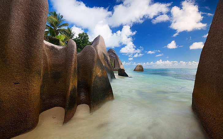 landscape, nature, beach, rock, clouds, sea, sand, palm trees, Seychelles, island, tropical, summer, HD wallpaper
