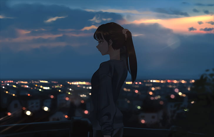 anime, meninas anime, escuro, paisagem urbana, céu, HD papel de parede