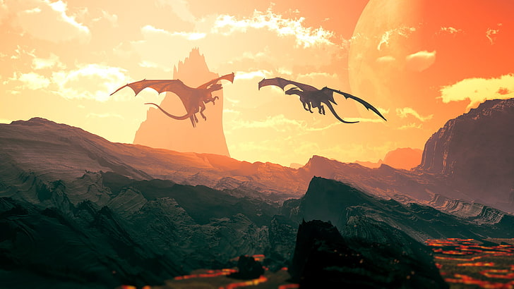 two dinosaurs flying illustration, dragons, valley, two, dragon stronghold, HD wallpaper