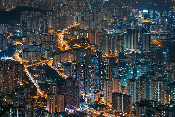 pejzaż miejski, Hongkong, światła miasta, Tapety HD