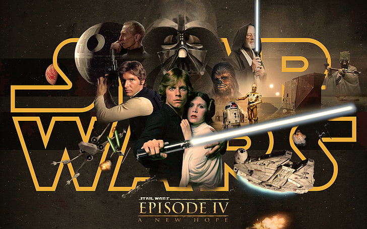 Plakat Gwiezdne Wojny, odcinek IV, droidy, Gwiezdne wojny, R2D2, Darth Vader, miecz świetlny, Luke Skywalker, Han Solo, Sokół Millennium, Obi-WAN Kenobi, Chewbacca, Gwiazda Śmierci, Nowa nadzieja, Leia Organa, odcinek 4, Leia, C3PO, Nowa nadzieja, Tapety HD