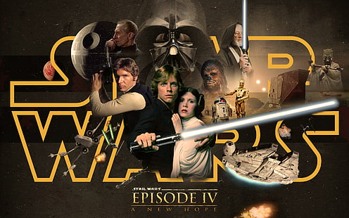 Plakat Gwiezdne Wojny, odcinek IV, droidy, Gwiezdne wojny, R2D2, Darth Vader, miecz świetlny, Luke Skywalker, Han Solo, Sokół Millennium, Obi-WAN Kenobi, Chewbacca, Gwiazda Śmierci, Nowa nadzieja, Leia Organa, odcinek 4, Leia, C3PO, Nowa nadzieja, Tapety HD HD wallpaper