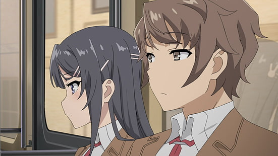 Anime, Rascal träumt nicht von Bunny Girl Senpai, blauen Augen, braunen Augen, braunem Haar, grauem Haar, Mai Sakurajima, Sakuta Azusagawa, HD-Hintergrundbild HD wallpaper