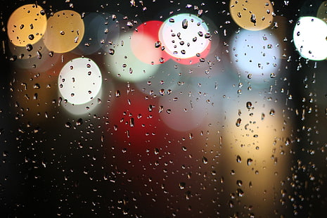 blur, colorful, colourful, drops, lights, rain, raindrops, raining, water, window, HD wallpaper HD wallpaper