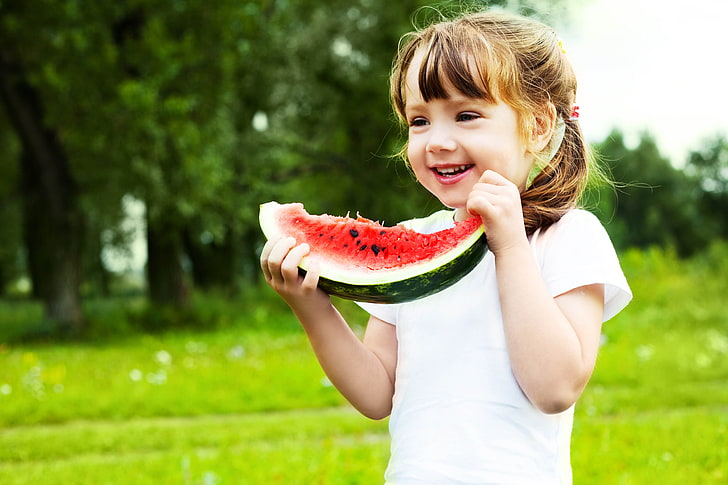 girl's white shirt, girl, watermelon, food, HD wallpaper