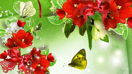 チューリップ陽気、素敵、陽気、パピヨン、明るい、チューリップ、蝶、フルール、緑、花、春、香り、 HDデスクトップの壁紙 HD wallpaper