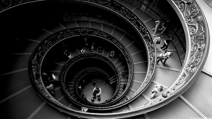 angle, vatican city, museum, stairs, staircase, europe, italy, rome, vatican museums, black and white, vatican, wheel, circle, monochrome, spiral, photography, monochrome photography, HD wallpaper