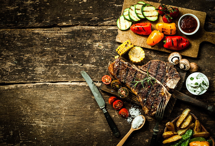 Lebensmittel, Tomaten, Saucen., Steak, Grill, Kochen, Paprika, Fleisch, Gemüse, Kartoffeln, Mais, Pilze, HD-Hintergrundbild