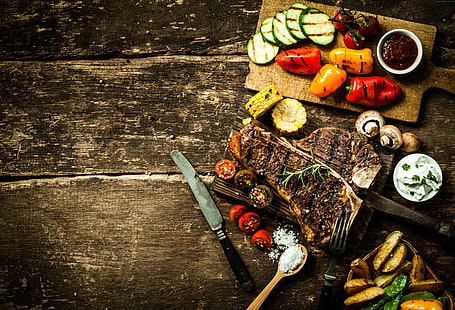 food, tomatoes, sauces., steak, grill, cooking, peppers, meat, vegetables, potatoes, corn, mushrooms, HD wallpaper HD wallpaper