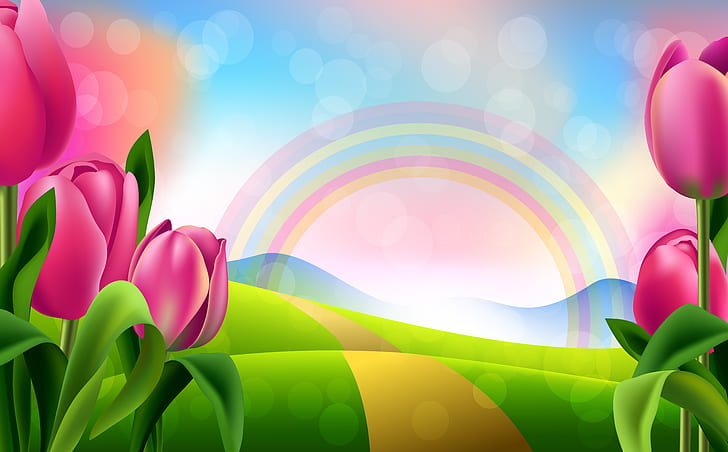 flores, figura, arcoiris, tulipanes, brillo, Fondo de pantalla HD