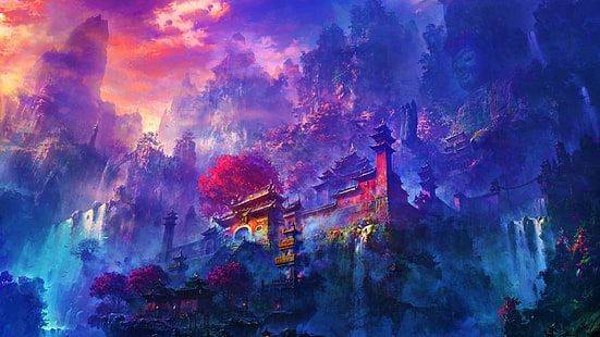 동양 산 사원, 추상, 아름다운, 디지털, 3D 및 초록, HD 배경 화면 HD wallpaper