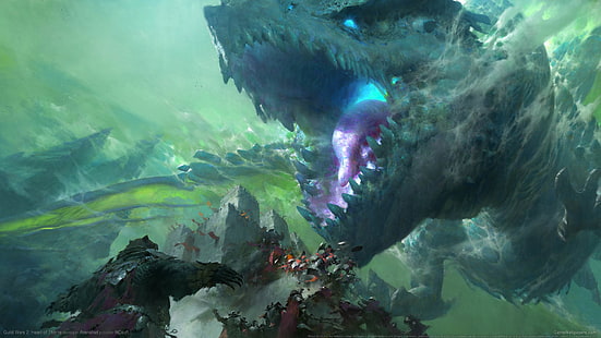 зеленая и черная рыба с аквариумом, Guild Wars 2, дракон, Guild Wars 2: Heart of Thorns, HD обои HD wallpaper